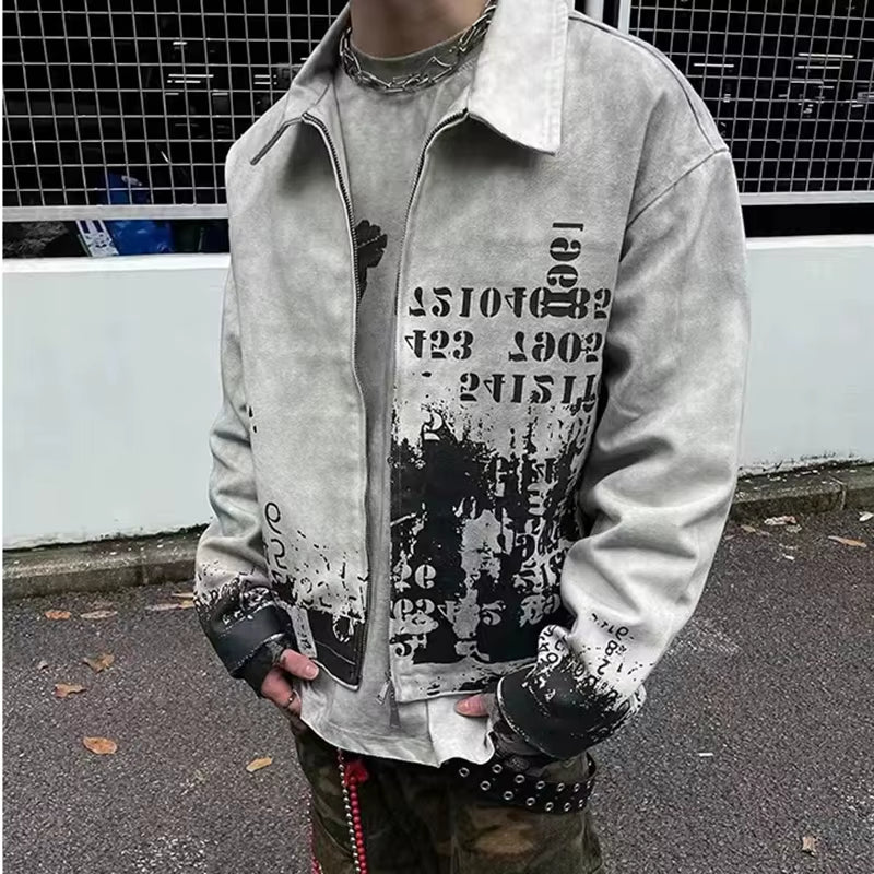 Streetwear Washed Painted Autumn Windbreaker Jackets Mens and Women Turn down Collar Baggy Clothes Oversized Loose Outwear Coats