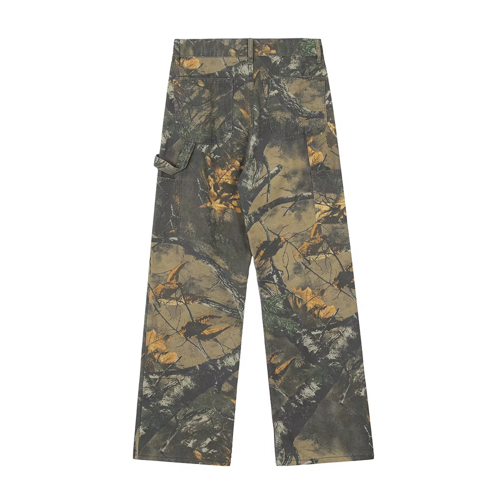 Harajuku Branches Patchwork Baggy Cargo Pants for Men and Women Streetwear Straight Retro Casual Denim Trousers Oversized