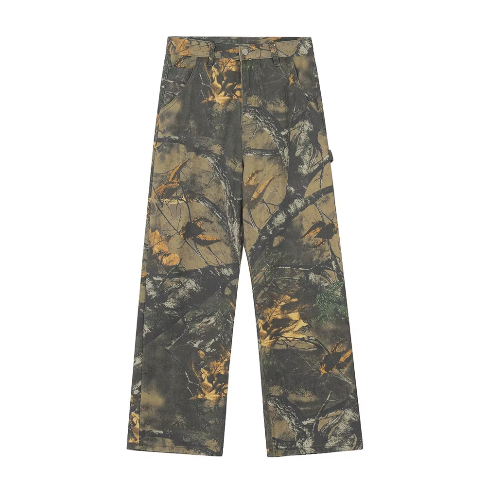 Harajuku Branches Patchwork Baggy Cargo Pants for Men and Women Streetwear Straight Retro Casual Denim Trousers Oversized