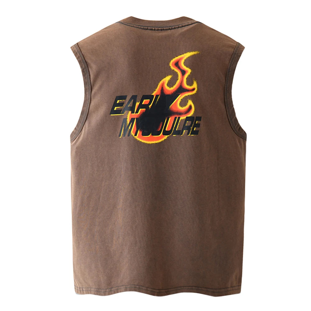High Street Flame Abstract Letter Print Sleeveless Summer Tshirts for Men round Neck Cotton Baggy Tees Oversized Loose Vest