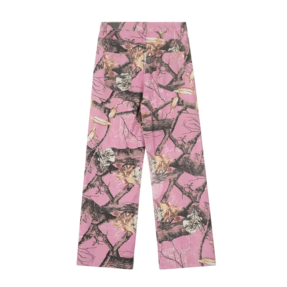 Harajuku Branches Patchwork Baggy Cargo Pants for Men and Women Streetwear Straight Retro Casual Denim Trousers Oversized