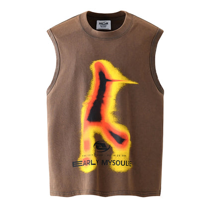 High Street Flame Abstract Letter Print Sleeveless Summer Tshirts for Men round Neck Cotton Baggy Tees Oversized Loose Vest