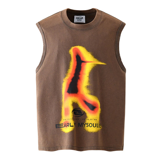 High Street Flame Abstract Letter Print Sleeveless Summer Tshirts for Men round Neck Cotton Baggy Tees Oversized Loose Vest