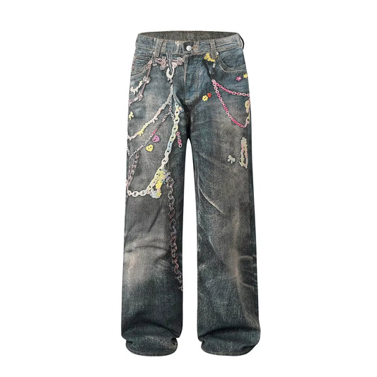 Vintage 3D Print Color Chain Washed Baggy Jeans for Men and Women Straight Harajuku Loose Denim Trousers Oversized Cargo Pants