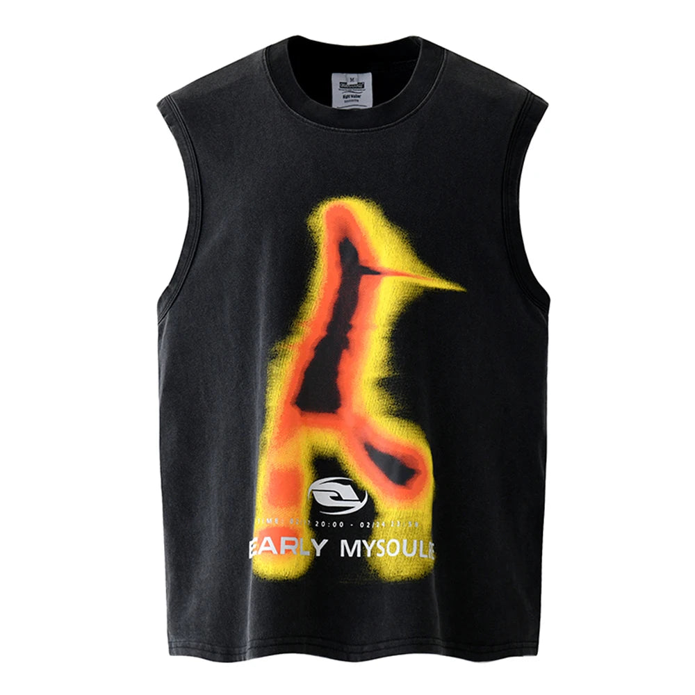 High Street Flame Abstract Letter Print Sleeveless Summer Tshirts for Men round Neck Cotton Baggy Tees Oversized Loose Vest