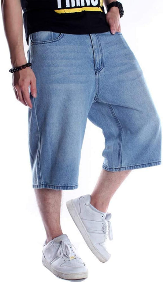 Baggy Jean Shorts for Men Casual Loose Fit Hip Hop Skateboard Denim Shorts
