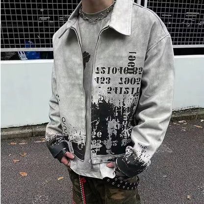 Streetwear Washed Painted Autumn Windbreaker Jackets Mens and Women Turn down Collar Baggy Clothes Oversized Loose Outwear Coats