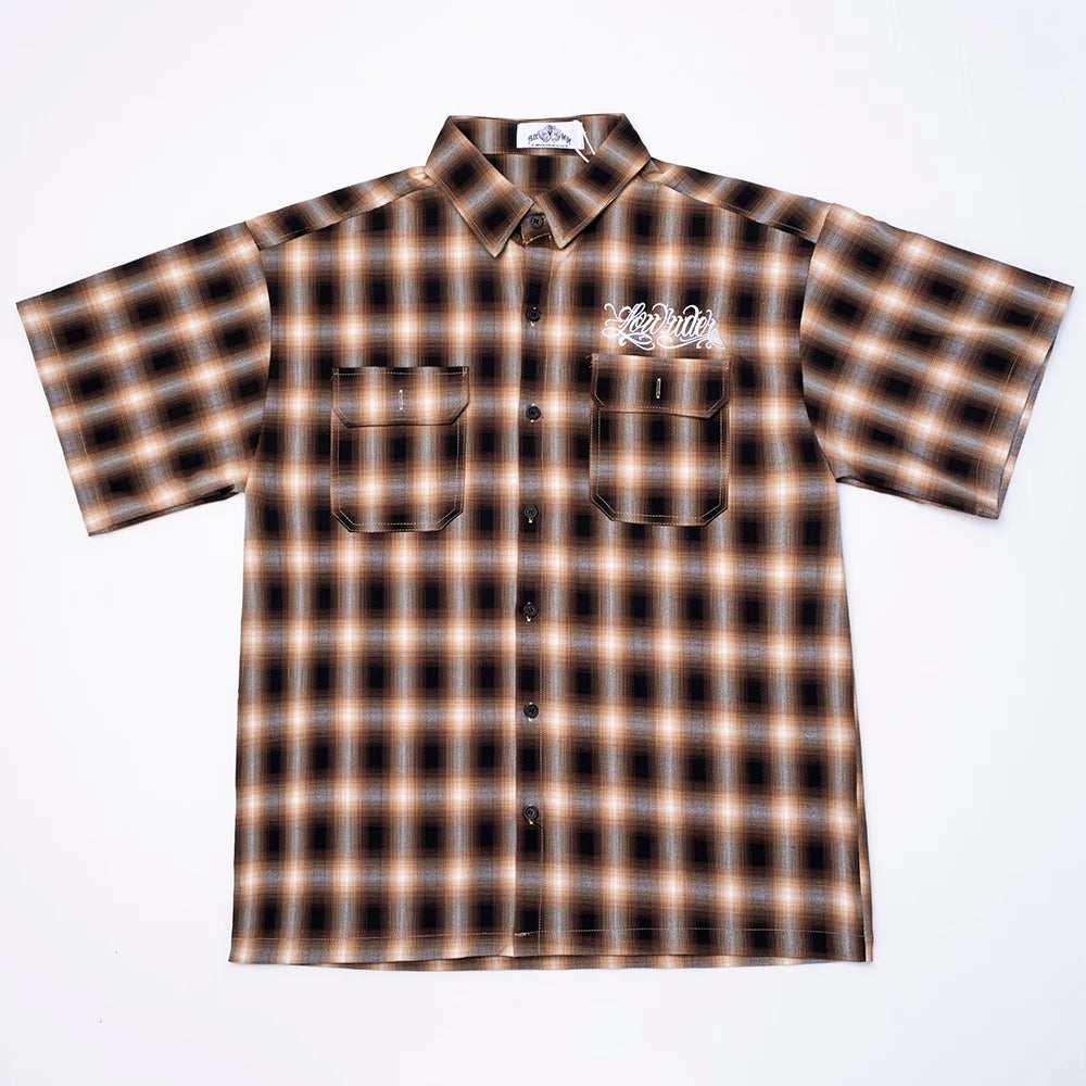 Harajuku Summer Letter Eembroidery Short Sleeve Plaid Shirt Men'S Lapel Patchwork Hip Hop Overalls Streetwear Vintage Loose Tops