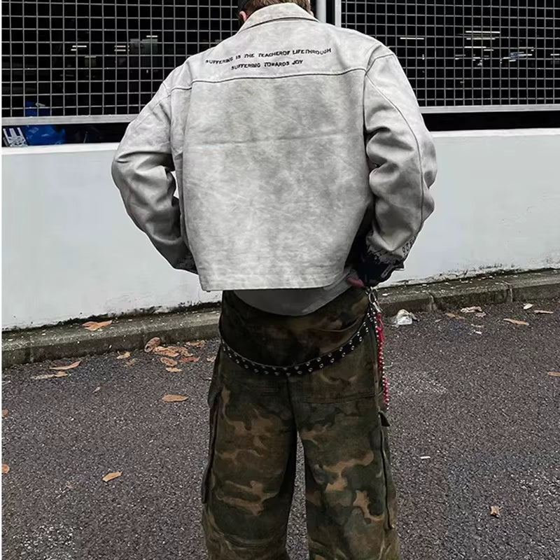 Streetwear Washed Painted Autumn Windbreaker Jackets Mens and Women Turn down Collar Baggy Clothes Oversized Loose Outwear Coats