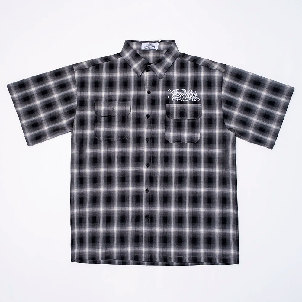 Harajuku Summer Letter Eembroidery Short Sleeve Plaid Shirt Men'S Lapel Patchwork Hip Hop Overalls Streetwear Vintage Loose Tops