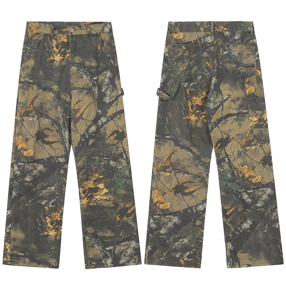 Harajuku Branches Patchwork Baggy Cargo Pants for Men and Women Streetwear Straight Retro Casual Denim Trousers Oversized