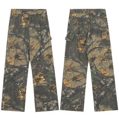 Harajuku Branches Patchwork Baggy Cargo Pants for Men and Women Streetwear Straight Retro Casual Denim Trousers Oversized