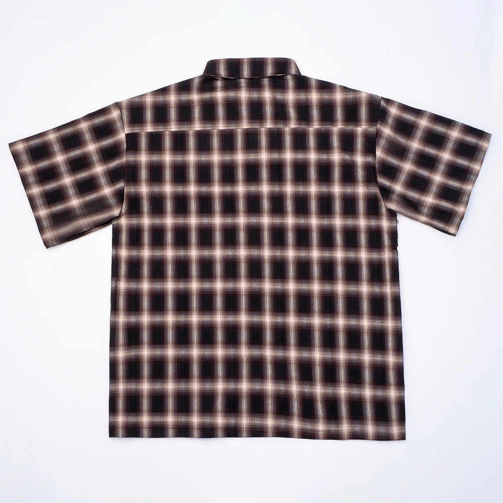 Harajuku Summer Letter Eembroidery Short Sleeve Plaid Shirt Men'S Lapel Patchwork Hip Hop Overalls Streetwear Vintage Loose Tops