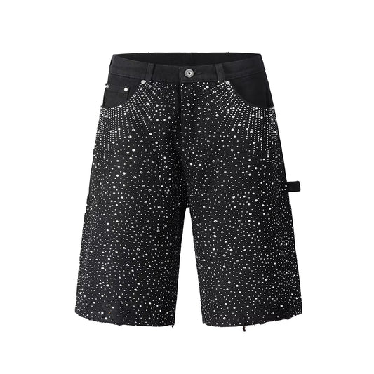 Vintage Color Rhinestone Print Washed Gray Baggy Jeans Shorts for Men Straight Casual Harajuku Loose Denim Trousers Oversized