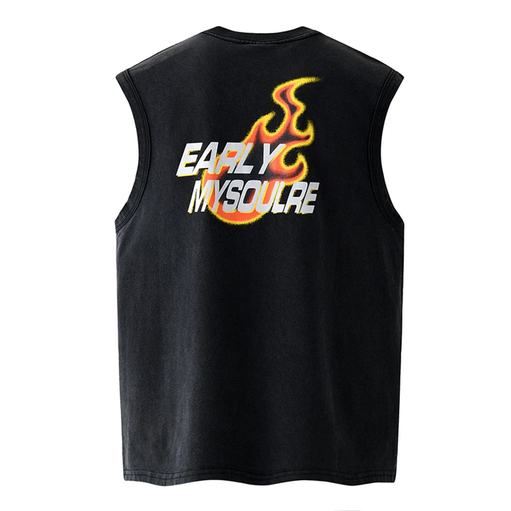 High Street Flame Abstract Letter Print Sleeveless Summer Tshirts for Men round Neck Cotton Baggy Tees Oversized Loose Vest
