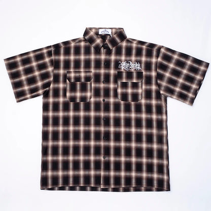 Harajuku Summer Letter Eembroidery Short Sleeve Plaid Shirt Men'S Lapel Patchwork Hip Hop Overalls Streetwear Vintage Loose Tops