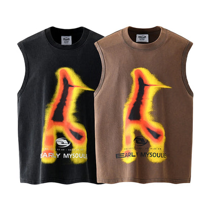High Street Flame Abstract Letter Print Sleeveless Summer Tshirts for Men round Neck Cotton Baggy Tees Oversized Loose Vest