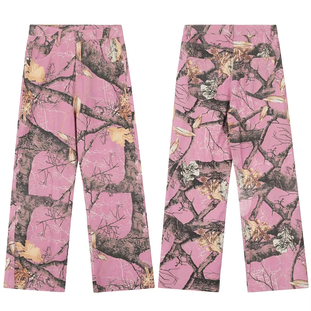 Harajuku Branches Patchwork Baggy Cargo Pants for Men and Women Streetwear Straight Retro Casual Denim Trousers Oversized