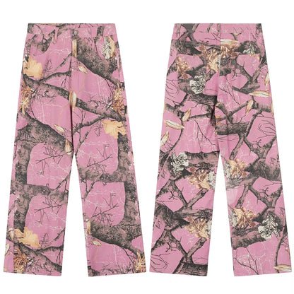 Harajuku Branches Patchwork Baggy Cargo Pants for Men and Women Streetwear Straight Retro Casual Denim Trousers Oversized